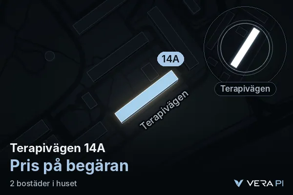 VERA PI:s bild av Terapivägen 14A: huset i 3D, upplyst i blått, och kartan runt omkring