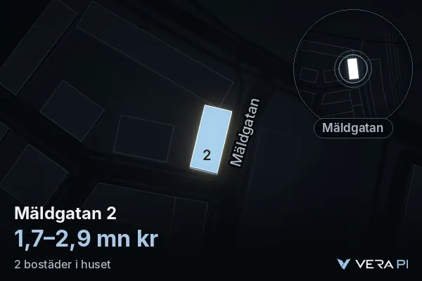 VERA PI's image of Mäldgatan 2: the building in 3D, lit in blue, and the map around it