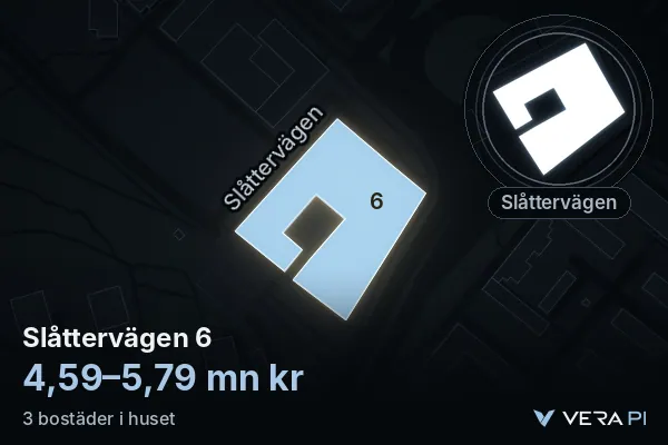 VERA PI's image of Slåttervägen 6: the building in 3D, lit in blue, and the map around it