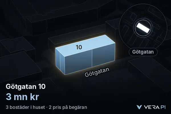 VERA PI's image of Götgatan 10: the building in 3D, lit in blue, and the map around it