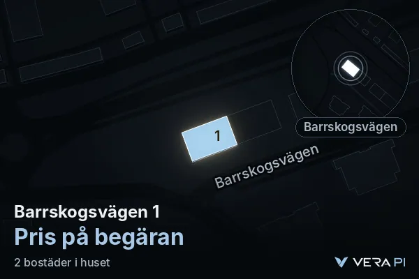 VERA PI's image of Barrskogsvägen 1: the building in 3D, lit in blue, and the map around it