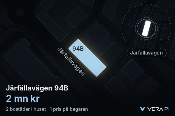 VERA PI's image of Järfällavägen 94B: the building in 3D, lit in blue, and the map around it