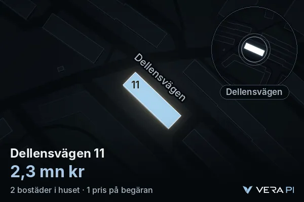 VERA PI:s bild av Dellensvägen 11: huset i 3D, upplyst i blått, och kartan runt omkring