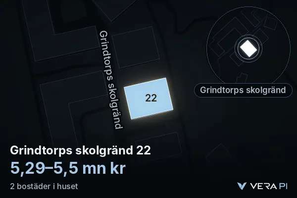 VERA PI:s bild av Grindtorps skolgränd 22: huset i 3D, upplyst i blått, och kartan runt omkring