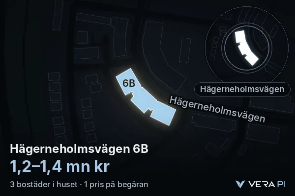 VERA PI:s bild av Hägerneholmsvägen 6B: huset i 3D, upplyst i blått, och kartan runt omkring