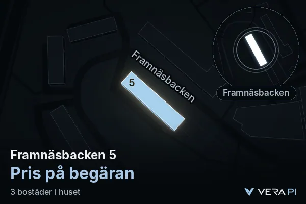 VERA PI's image of Framnäsbacken 5: the building in 3D, lit in blue, and the map around it