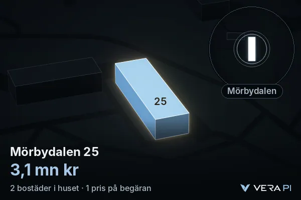 VERA PI:s bild av Mörbydalen 25: huset i 3D, upplyst i blått, och kartan runt omkring