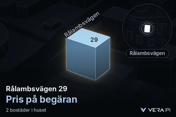 VERA PI:s bild av Rålambsvägen 29: huset i 3D, upplyst i blått, och kartan runt omkring