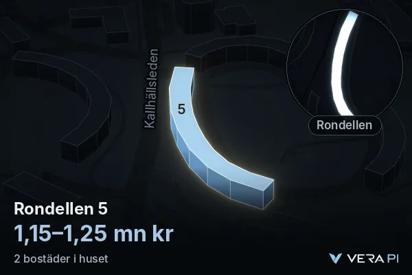 VERA PI's image of Rondellen 5: the building in 3D, lit in blue, and the map around it