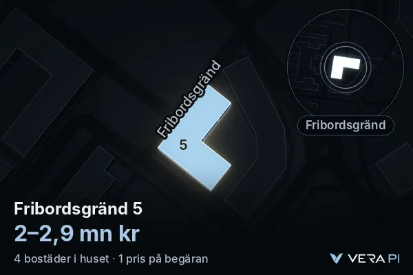 VERA PI:s bild av Fribordsgränd 5: huset i 3D, upplyst i blått, och kartan runt omkring
