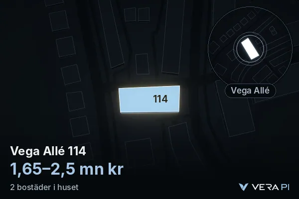 VERA PI's image of Vega Allé 114: the building in 3D, lit in blue, and the map around it