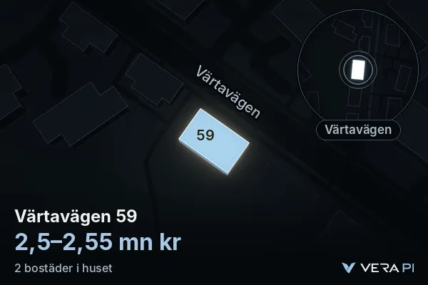 VERA PI:s bild av Värtavägen 59: huset i 3D, upplyst i blått, och kartan runt omkring