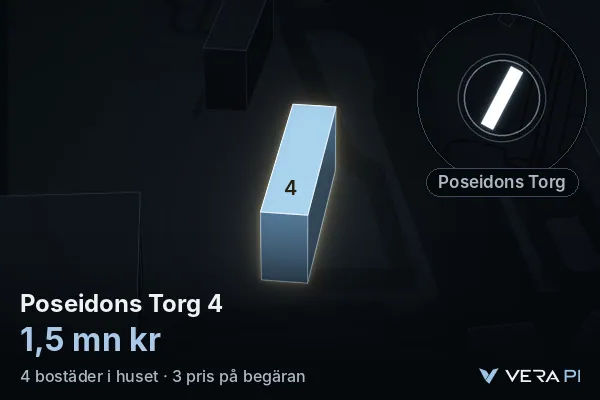 VERA PI:s bild av Poseidons Torg 4: huset i 3D, upplyst i blått, och kartan runt omkring