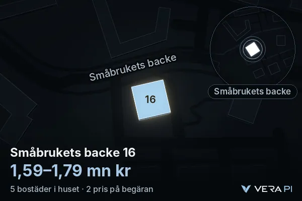 VERA PI:s bild av Småbrukets backe 16: huset i 3D, upplyst i blått, och kartan runt omkring