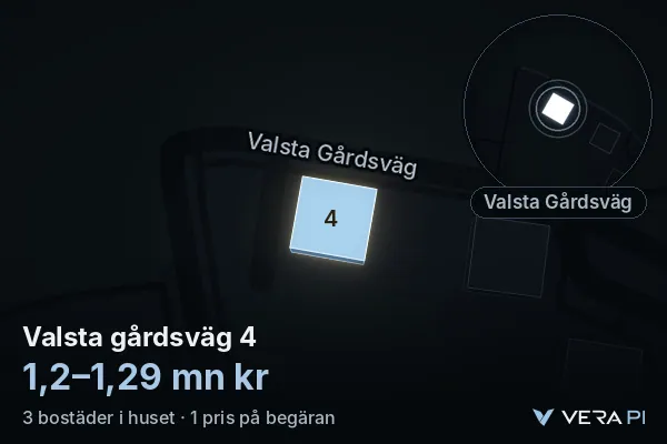 VERA PI:s bild av Valsta gårdsväg 4: huset i 3D, upplyst i blått, och kartan runt omkring