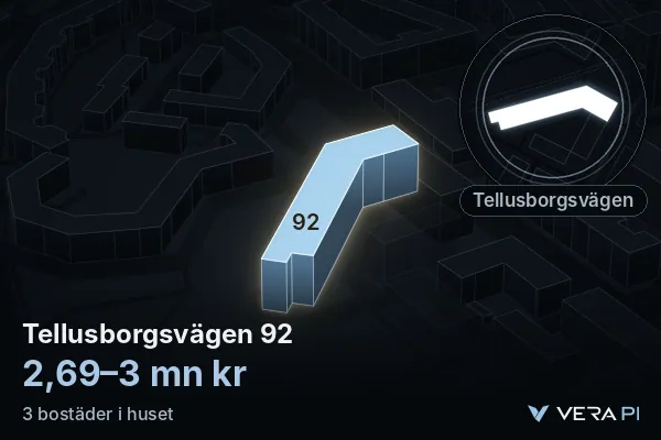 VERA PI's image of Tellusborgsvägen 92: the building in 3D, lit in blue, and the map around it