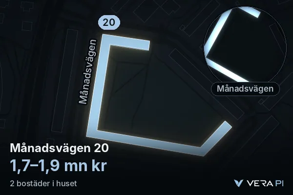 VERA PI's image of Månadsvägen 20: the building in 3D, lit in blue, and the map around it