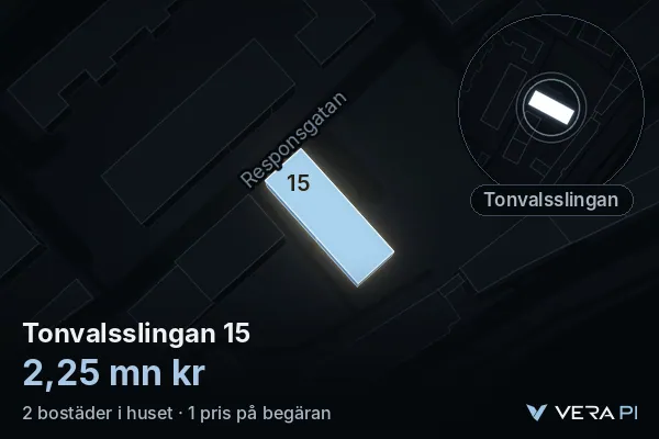 VERA PI's image of Tonvalsslingan 15: the building in 3D, lit in blue, and the map around it