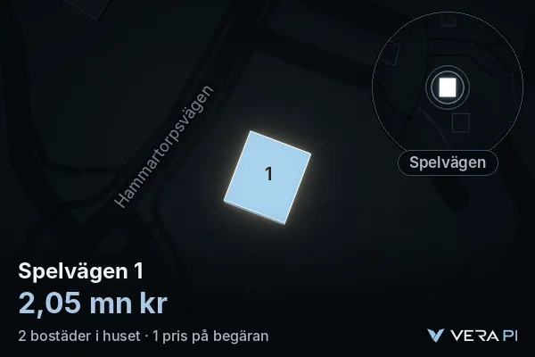 VERA PI:s bild av Spelvägen 1: huset i 3D, upplyst i blått, och kartan runt omkring