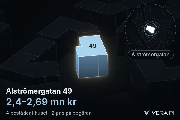 VERA PI:s bild av Alströmergatan 49: huset i 3D, upplyst i blått, och kartan runt omkring