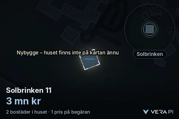 VERA PI:s bild av Solbrinken 11: huset i 3D, upplyst i blått, och kartan runt omkring