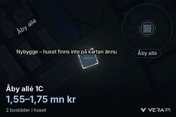VERA PI's image of Åby allé 1C: the building in 3D, lit in blue, and the map around it