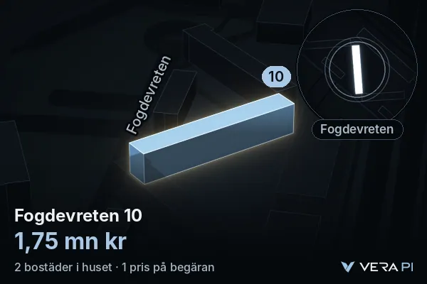 VERA PI's image of Fogdevreten 10: the building in 3D, lit in blue, and the map around it