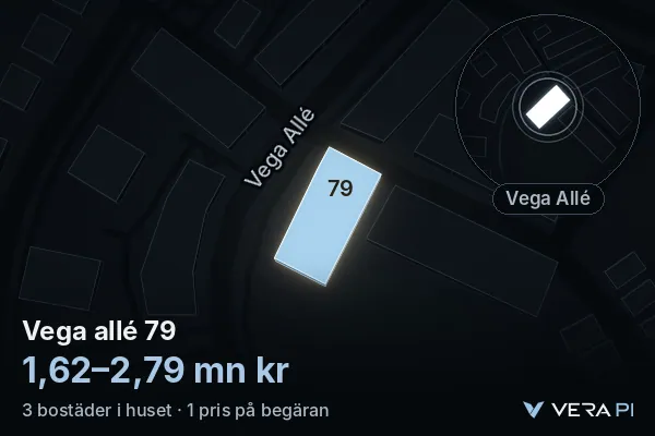 VERA PI:s bild av Vega allé 79: huset i 3D, upplyst i blått, och kartan runt omkring