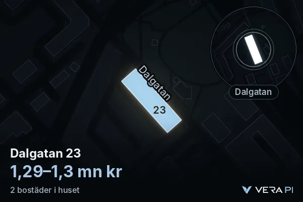 VERA PI's image of Dalgatan 23: the building in 3D, lit in blue, and the map around it