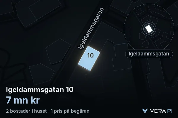 VERA PI's image of Igeldammsgatan 10: the building in 3D, lit in blue, and the map around it