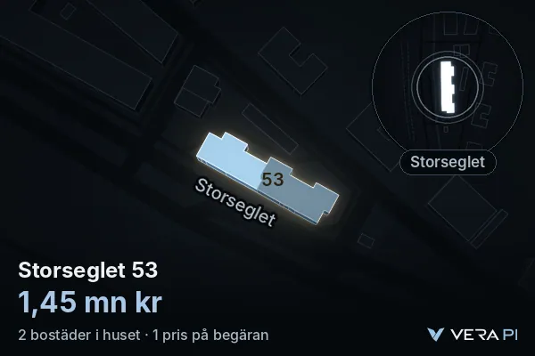 VERA PI's image of Storseglet 53: the building in 3D, lit in blue, and the map around it