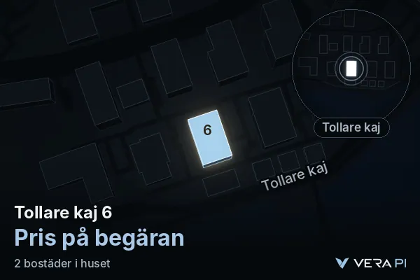 VERA PI:s bild av Tollare kaj 6: huset i 3D, upplyst i blått, och kartan runt omkring
