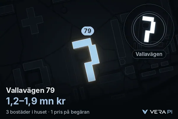VERA PI:s bild av Vallavägen 79: huset i 3D, upplyst i blått, och kartan runt omkring