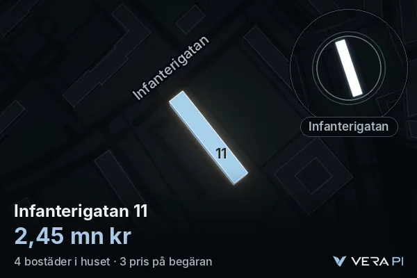 VERA PI's image of Infanterigatan 11: the building in 3D, lit in blue, and the map around it