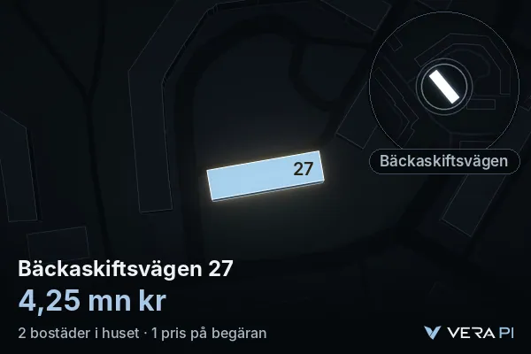 VERA PI:s bild av Bäckaskiftsvägen 27: huset i 3D, upplyst i blått, och kartan runt omkring