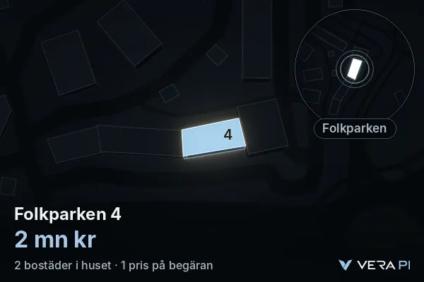 VERA PI's image of Folkparken 4: the building in 3D, lit in blue, and the map around it