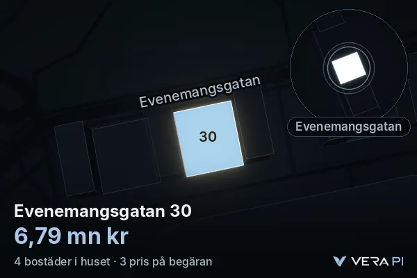VERA PI:s bild av Evenemangsgatan 30: huset i 3D, upplyst i blått, och kartan runt omkring