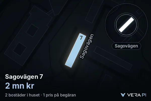 VERA PI's image of Sagovägen 7: the building in 3D, lit in blue, and the map around it
