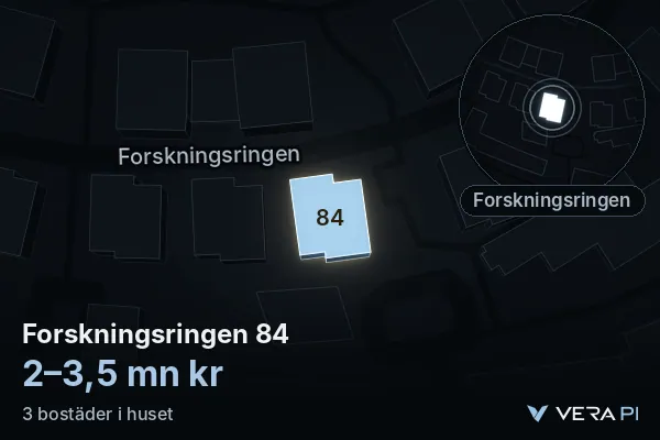 VERA PI:s bild av Forskningsringen 84: huset i 3D, upplyst i blått, och kartan runt omkring