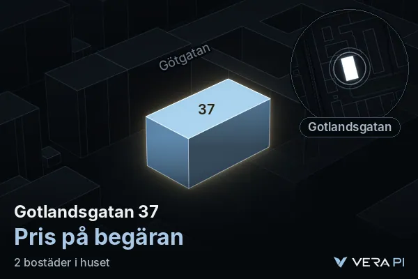 VERA PI:s bild av Gotlandsgatan 37: huset i 3D, upplyst i blått, och kartan runt omkring