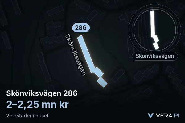 VERA PI:s bild av Skönviksvägen 286: huset i 3D, upplyst i blått, och kartan runt omkring
