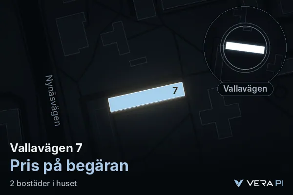 VERA PI:s bild av Vallavägen 7: huset i 3D, upplyst i blått, och kartan runt omkring
