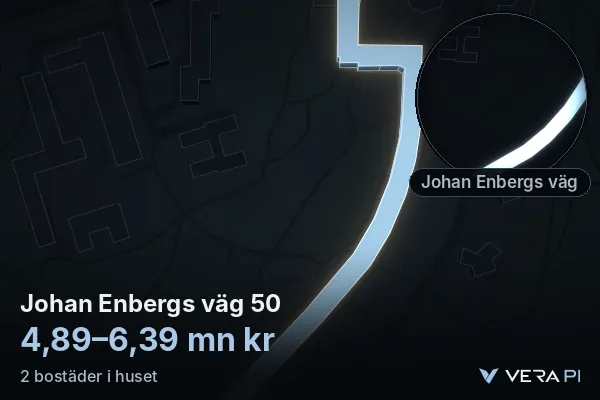 VERA PI's image of Johan Enbergs väg 50: the building in 3D, lit in blue, and the map around it