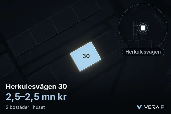 VERA PI's image of Herkulesvägen 30: the building in 3D, lit in blue, and the map around it