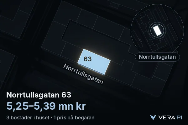 VERA PI's image of Norrtullsgatan 63: the building in 3D, lit in blue, and the map around it
