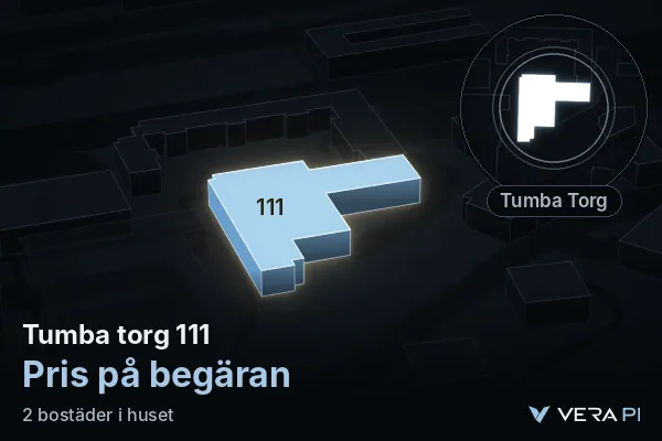 VERA PI:s bild av Tumba torg 111: huset i 3D, upplyst i blått, och kartan runt omkring