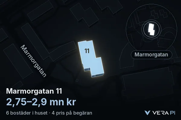 VERA PI's image of Marmorgatan 11: the building in 3D, lit in blue, and the map around it