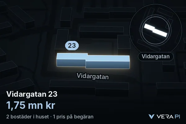 VERA PI's image of Vidargatan 23: the building in 3D, lit in blue, and the map around it