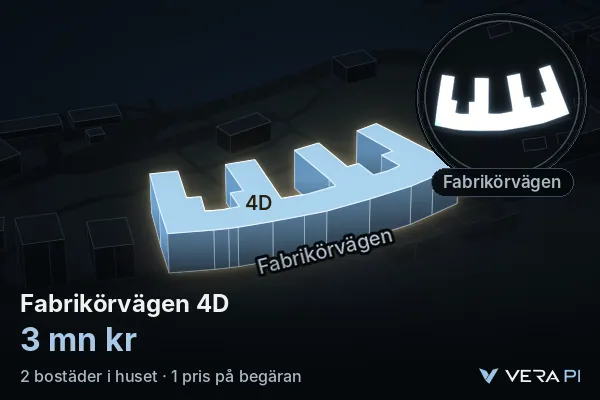 VERA PI:s bild av Fabrikörvägen 4D: huset i 3D, upplyst i blått, och kartan runt omkring