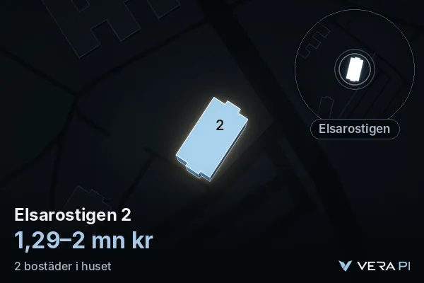 VERA PI:s bild av Elsarostigen 2: huset i 3D, upplyst i blått, och kartan runt omkring